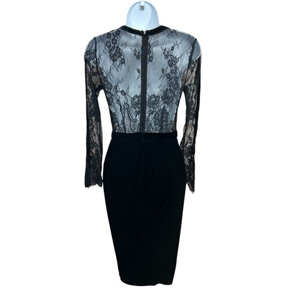 Missguided Sheer Lace Velvet Midi Dress Black Sz 6 Long-Sleeve Lined Draped Hip - Picture 9 of 10